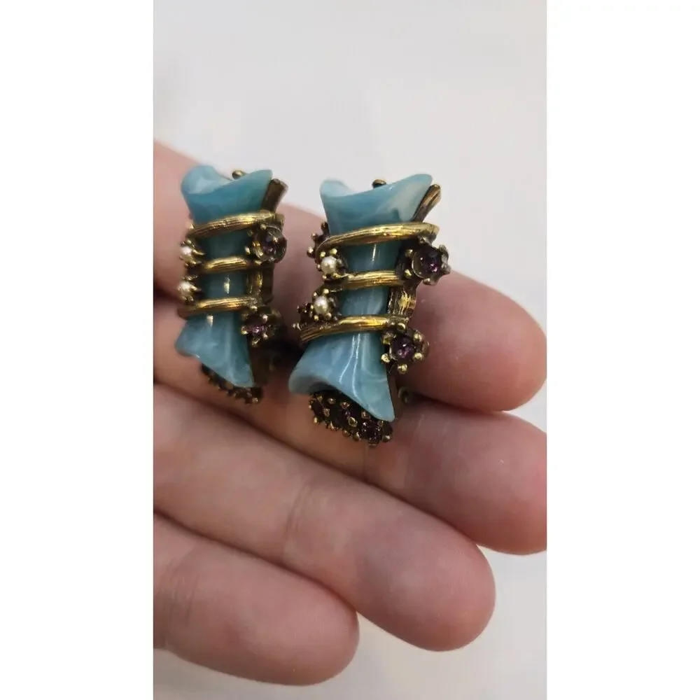 Vintage Sculptural Blue Swirled Lucite Unique Ornate Clip Earrings Unsigned
